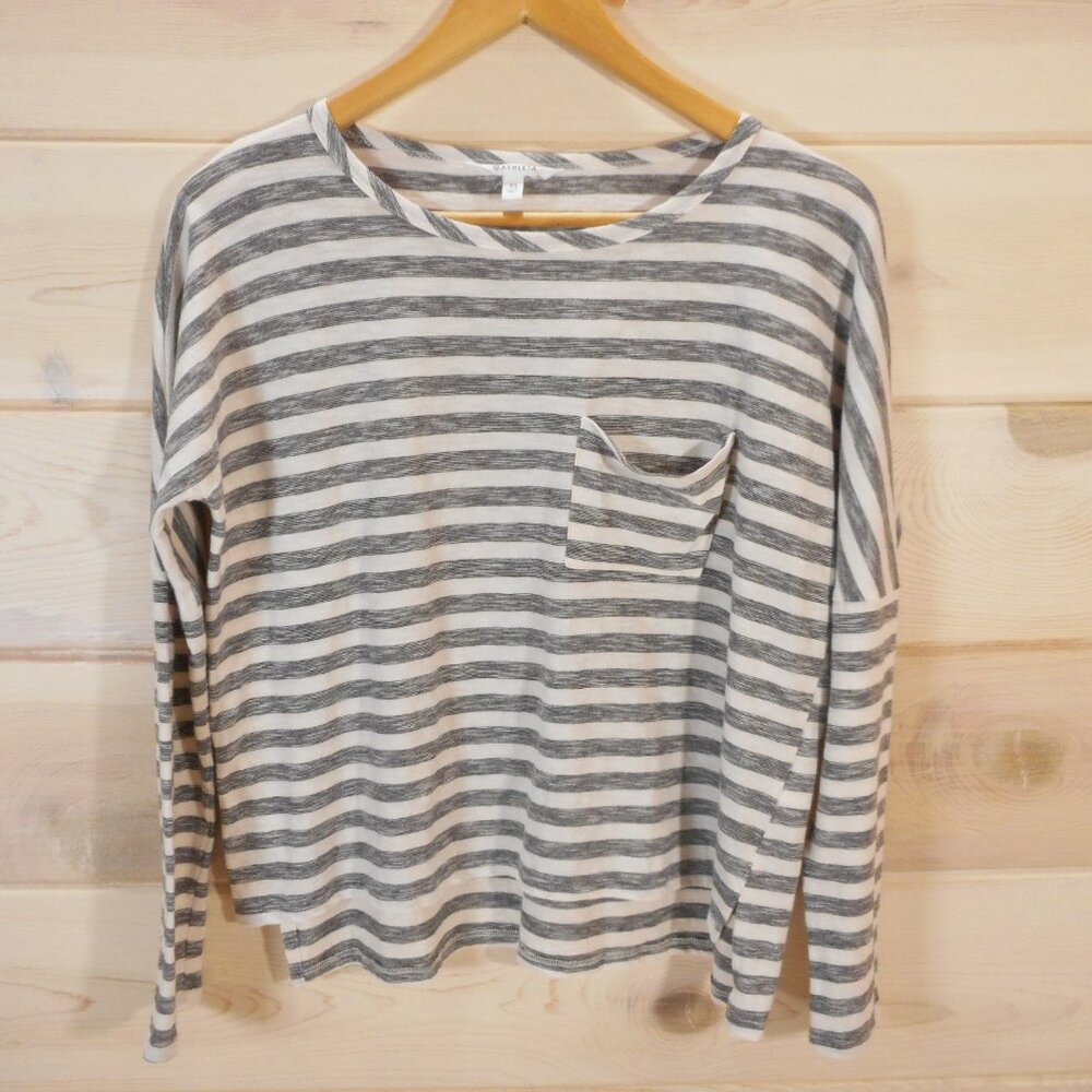 Athleta Women's XS Top Pocket Tee Gray Striped Cropped Oversized Cotton Knit